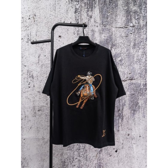 Louis Vuitton Western Cowboy Heavy-Duty 3D Cotton Embroidery Fully Embroidered Short-Sleeve T-Shirt